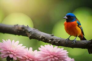 a colorful bird sits on a branch with pink flowers. AI-Generated photo