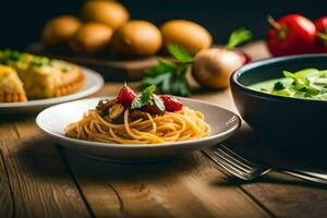 spaghetti with mushrooms and tomatoes on a wooden table. AI-Generated photo