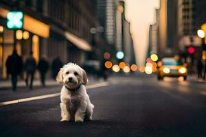 a small white dog is sitting on the street in the middle of a city. AI-Generated photo