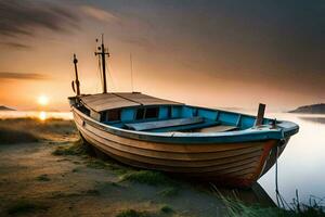 a boat sits on the shore at sunset. AI-Generated photo