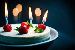 a birthday cake with candles and berries. AI-Generated photo