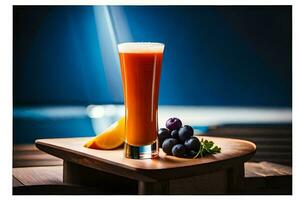 a glass of orange juice sitting on a table next to grapes. AI-Generated photo