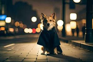 a dog in a coat sitting on the street at night. AI-Generated photo