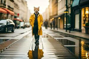 un zorro vistiendo un amarillo Saco y caminando abajo un calle. generado por ai foto