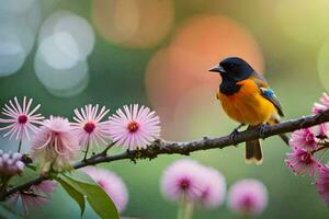 a bird sits on a branch with pink flowers. AI-Generated photo