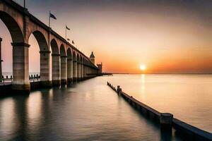 the sun sets over a bridge with water in front. AI-Generated photo