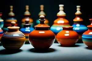 a group of colorful vases are lined up. AI-Generated photo