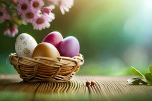 easter eggs in basket on wooden table. AI-Generated photo