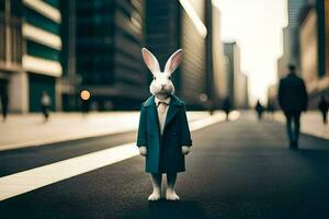 a rabbit in a suit and tie standing in the middle of a city street. AI-Generated photo