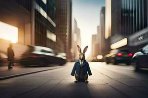 a rabbit in a suit stands in the middle of a city street. AI-Generated photo