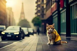 a cat wearing a yellow raincoat on the street. AI-Generated photo