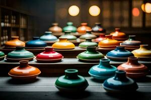 a row of colorful vases on a table. AI-Generated photo