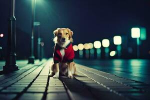 a dog wearing a red jacket sitting on a sidewalk at night. AI-Generated photo