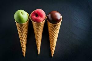 Tres hielo crema conos con diferente frutas en a ellos. generado por ai foto