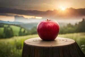 an apple sits on top of a stump in front of a sunset. AI-Generated photo