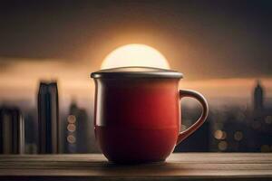a red coffee cup sits on a table in front of a city skyline. AI-Generated photo