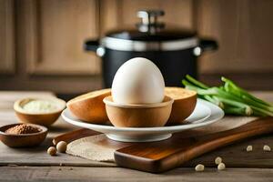 an egg on a plate with bread and other ingredients. AI-Generated photo