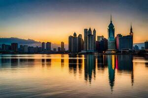 the city skyline at sunset in abu dhabi. AI-Generated photo