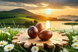 easter eggs in the field, lake, sunset, flowers, nature, hd wallpaper. AI-Generated photo