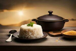 the rice is served with a bowl of rice and a spoon. AI-Generated photo