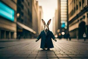 a rabbit dressed in a suit and tie standing in the middle of a city street. AI-Generated photo