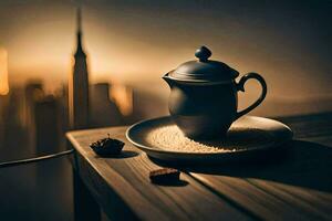 a coffee pot and a cup of coffee on a table in front of a cityscape. AI-Generated photo