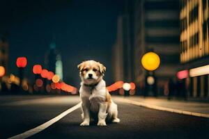 a dog sitting on the street at night. AI-Generated photo