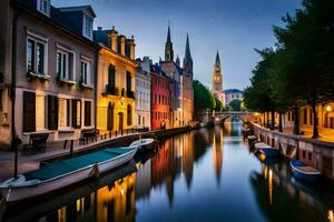 un canal en el medio de un ciudad con barcos generado por ai foto