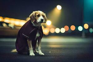 un perro vistiendo un Saco en el calle a noche. generado por ai foto