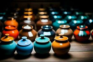 many colorful ceramic jars lined up on a table. AI-Generated photo