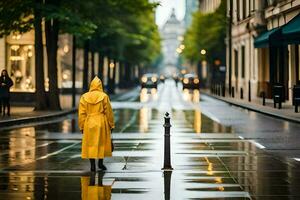 un persona en un amarillo impermeable en pie en un mojado calle. generado por ai foto