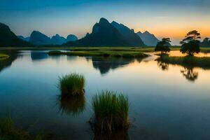 the sunrise over the li river in china. AI-Generated photo