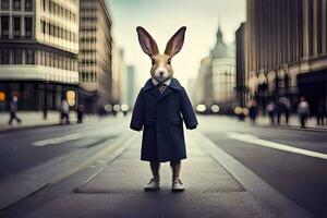 a rabbit wearing a suit and tie standing in the middle of a city street. AI-Generated photo