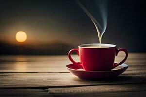 a cup of coffee on a wooden table. AI-Generated photo