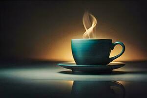 a cup of coffee on a table with a light. AI-Generated photo