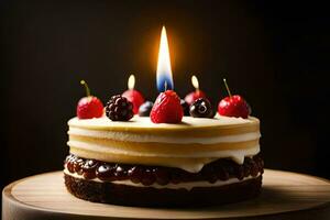 a birthday cake with a lit candle. AI-Generated photo