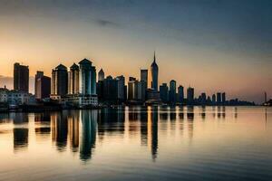 el horizonte de dubai a puesta de sol. generado por ai foto