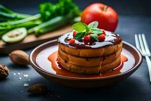 a stack of pancakes with chocolate sauce and berries. AI-Generated photo