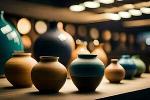 a row of vases on a table. AI-Generated photo