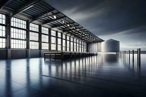 a long empty warehouse with large windows and a large silo. AI-Generated photo