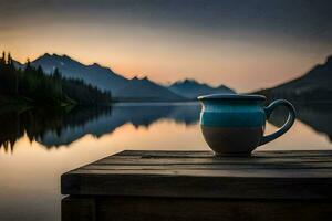 a coffee cup sits on a wooden dock overlooking a lake. AI-Generated photo