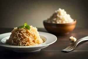 a plate of rice with a fork and spoon. AI-Generated photo