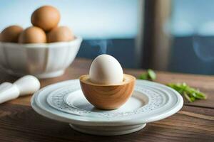 an egg in a wooden shell on a plate. AI-Generated photo