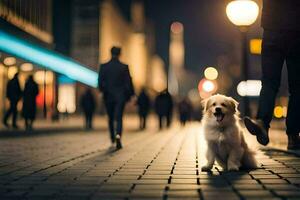 a dog sitting on the sidewalk at night. AI-Generated photo