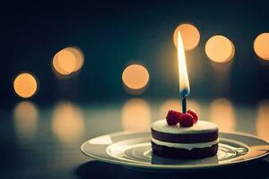 a small cake with a candle on it. AI-Generated photo