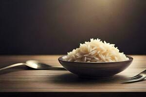 a bowl of rice on a table with a fork and spoon. AI-Generated photo