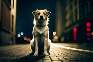 un perro sentado en el suelo en el oscuro. generado por ai foto