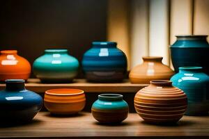 a row of colorful vases on a shelf. AI-Generated photo