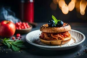 a hamburger with tomato sauce and blueberries on a plate. AI-Generated photo