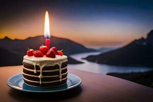 a birthday cake with a single candle on top. AI-Generated photo